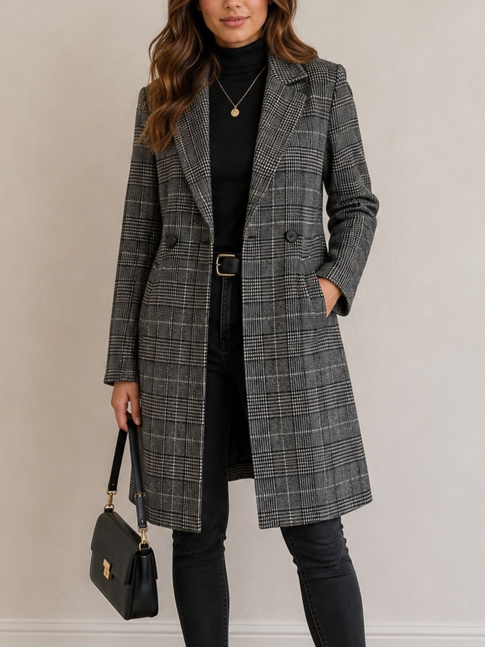 HYFVE Plaid Double Breasted Longline Blazer Coat Gray Black Size S